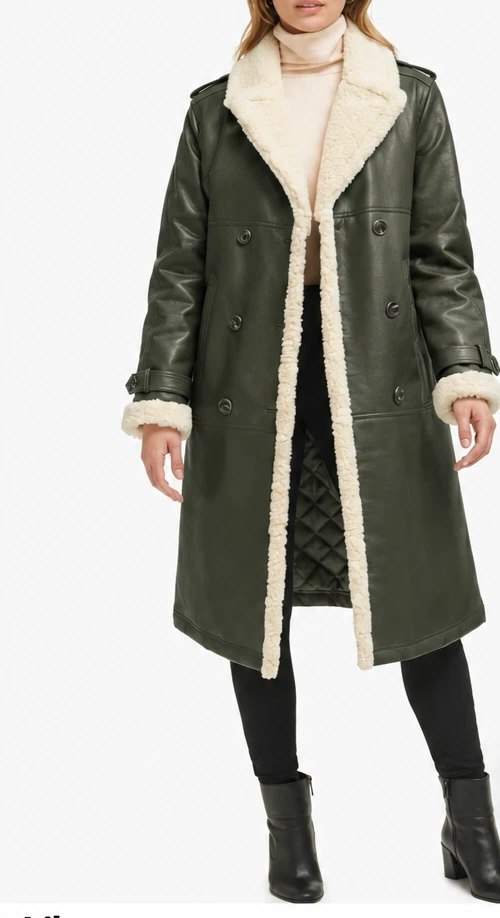 Kenneth Cole Faux Leather Shearling Trench Coat XL Dark Olive
