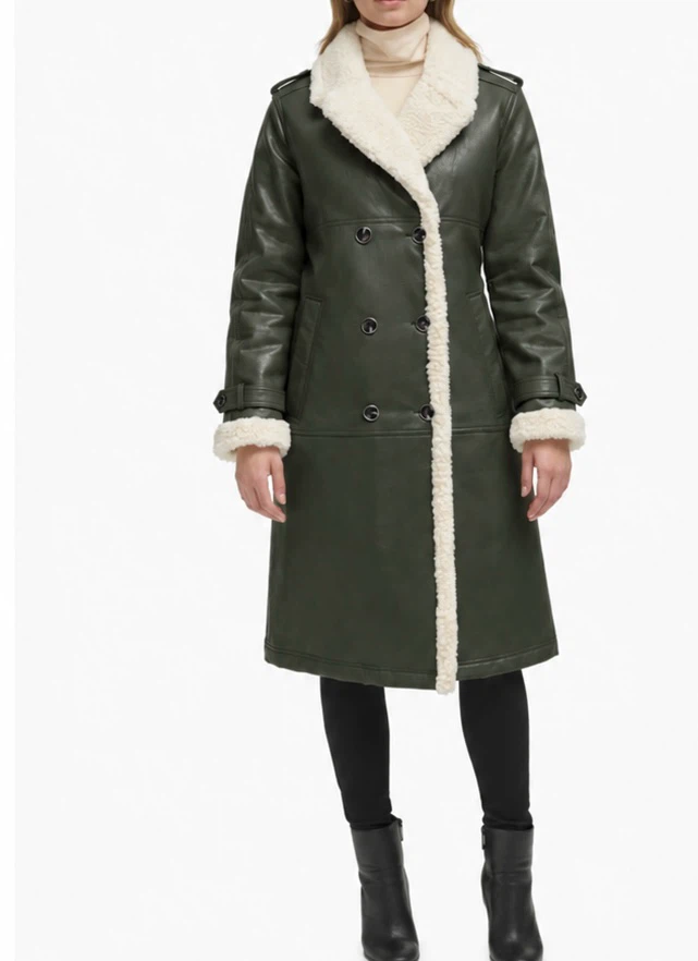 Kenneth Cole Faux Leather Shearling Trench Coat XL Dark Olive - photo 2