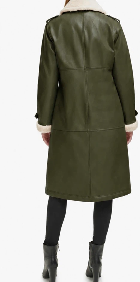 Kenneth Cole Faux Leather Shearling Trench Coat XL Dark Olive - photo 3