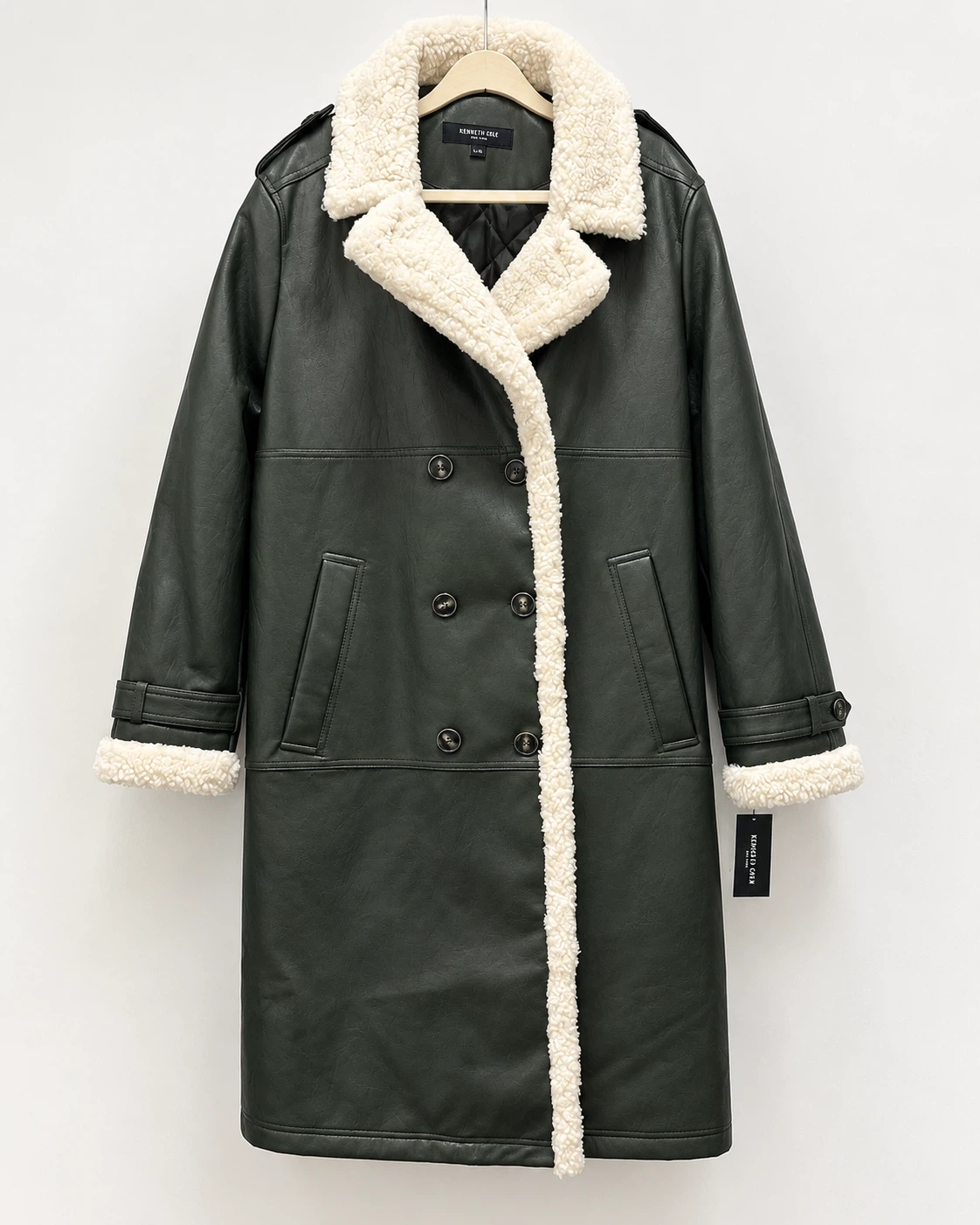 Kenneth Cole Faux Leather Shearling Trench Coat XL Dark Olive - photo 4