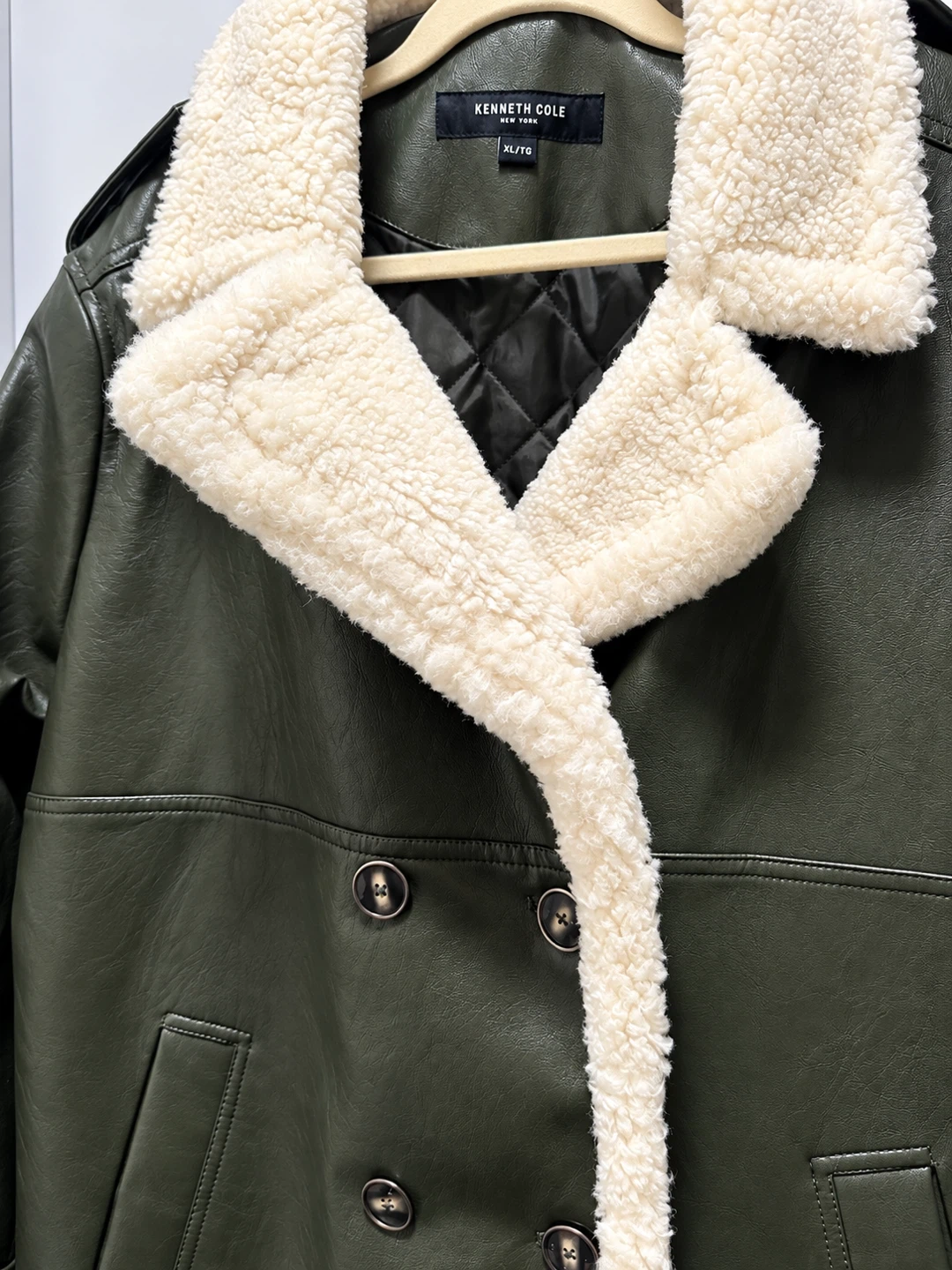 Kenneth Cole Faux Leather Shearling Trench Coat XL Dark Olive - photo 5