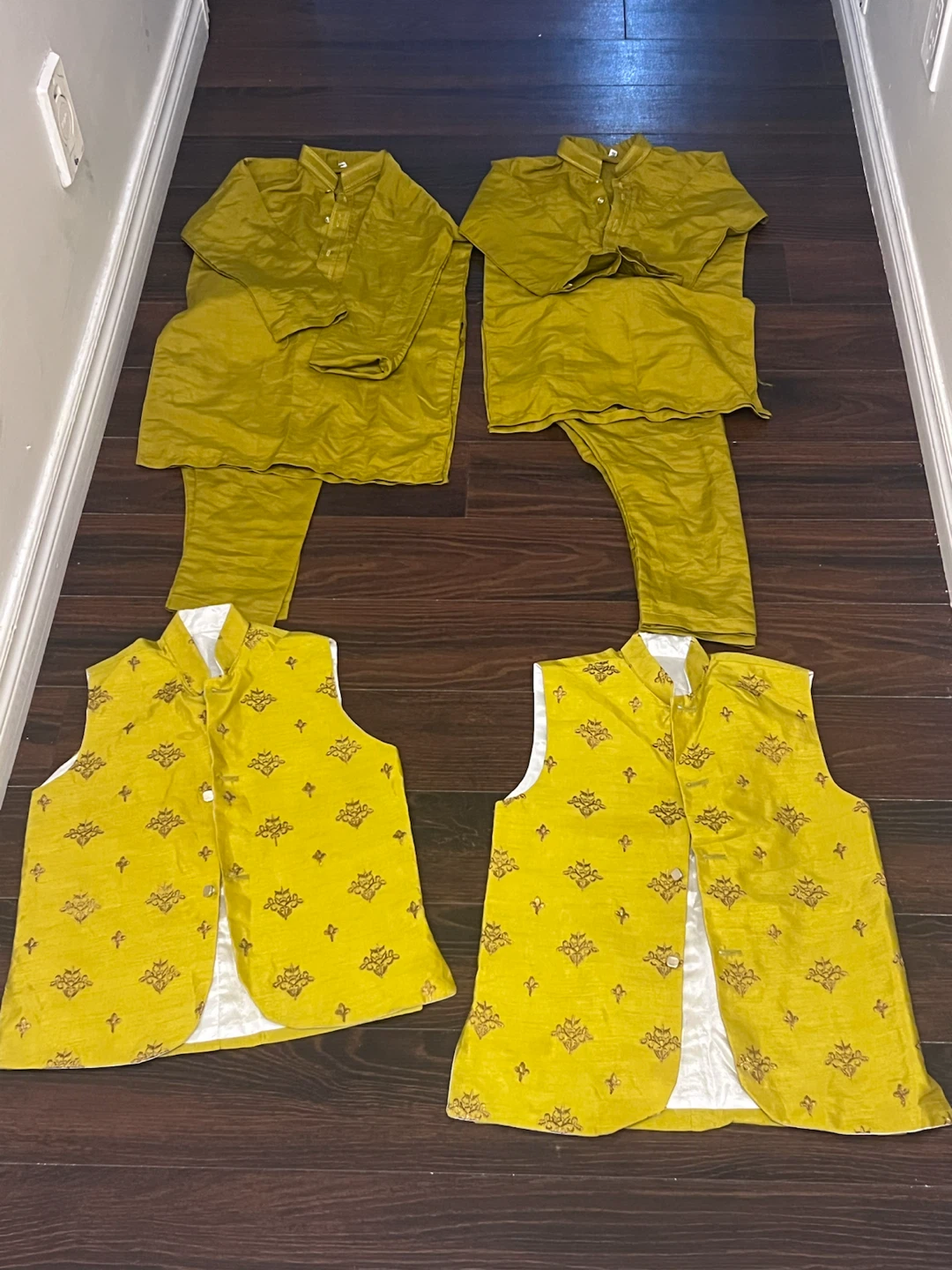 2 Boys Mustard Yellow Kurta Pajama and Vest Sets