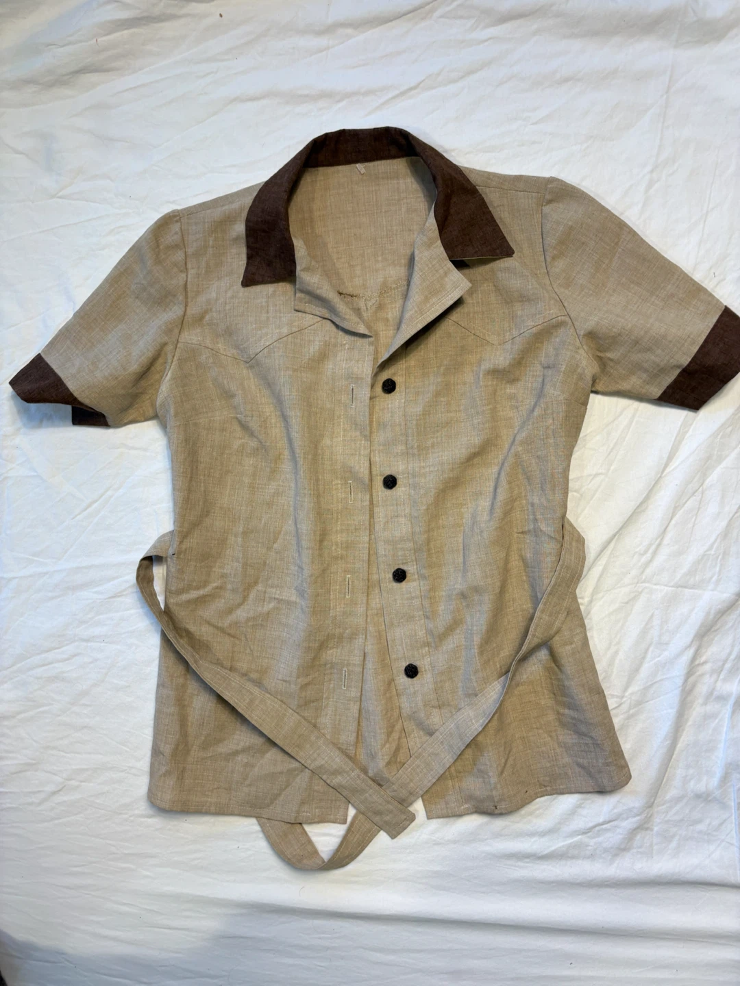 Beige and Brown Short-Sleeve Belted Top