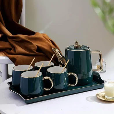 Emerald Green Ceramic Tea Set with Tray and Spoons