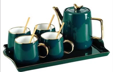 Emerald Green Ceramic Tea Set with Tray and Spoons - photo 2