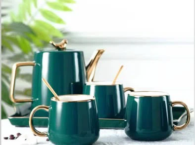 Emerald Green Ceramic Tea Set with Tray and Spoons - photo 3