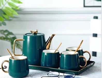 Emerald Green Ceramic Tea Set with Tray and Spoons - photo 4
