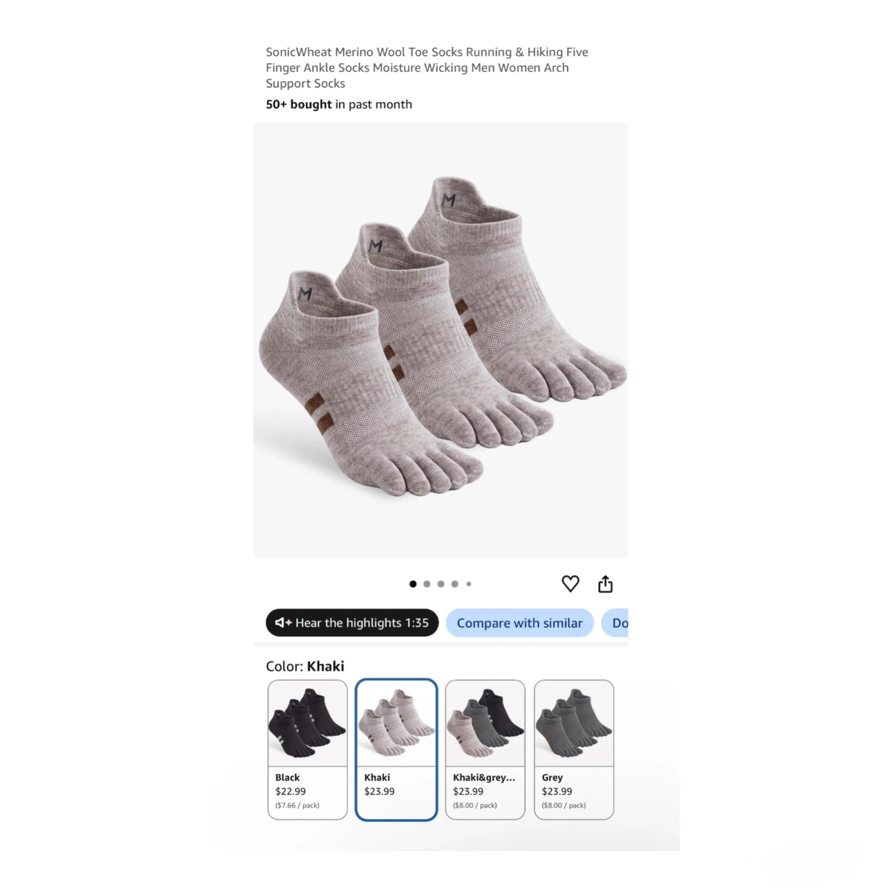 Brand new 3 Pairs of Size M SonicWheat Merino Wool Toe Socks