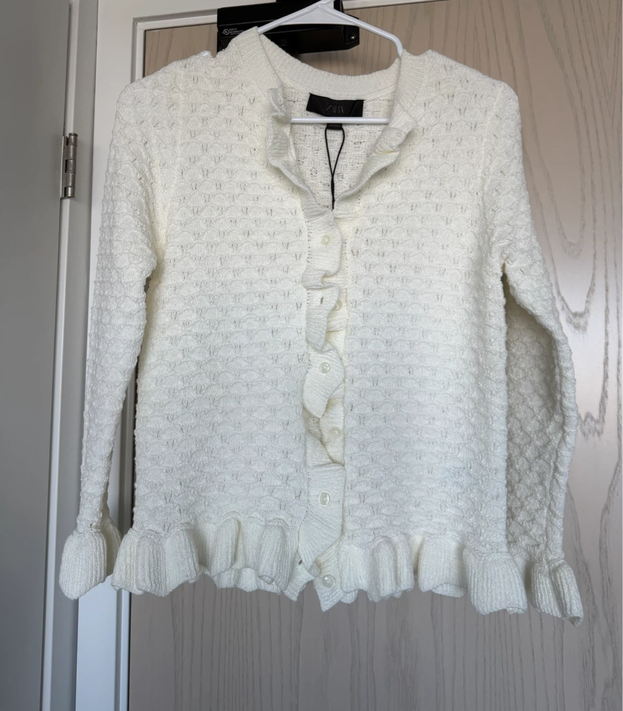 Zara White Ruffle Cardigan, New with tag