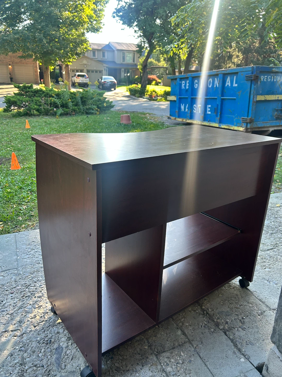 Rolling dark cherry wood computer desk - photo 2
