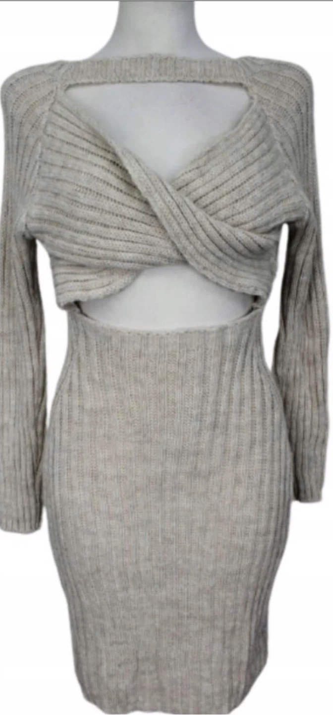 Grey Ribbed Knit Cutout Midi Dress