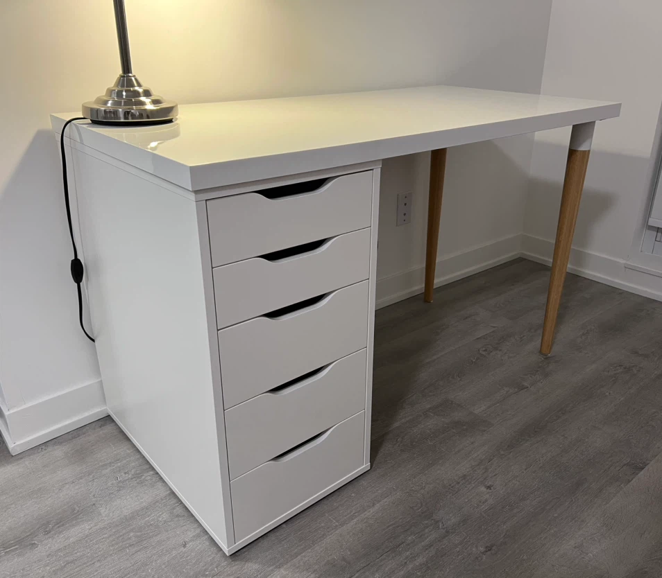 IKEA ALEX desk with white top and wooden legs