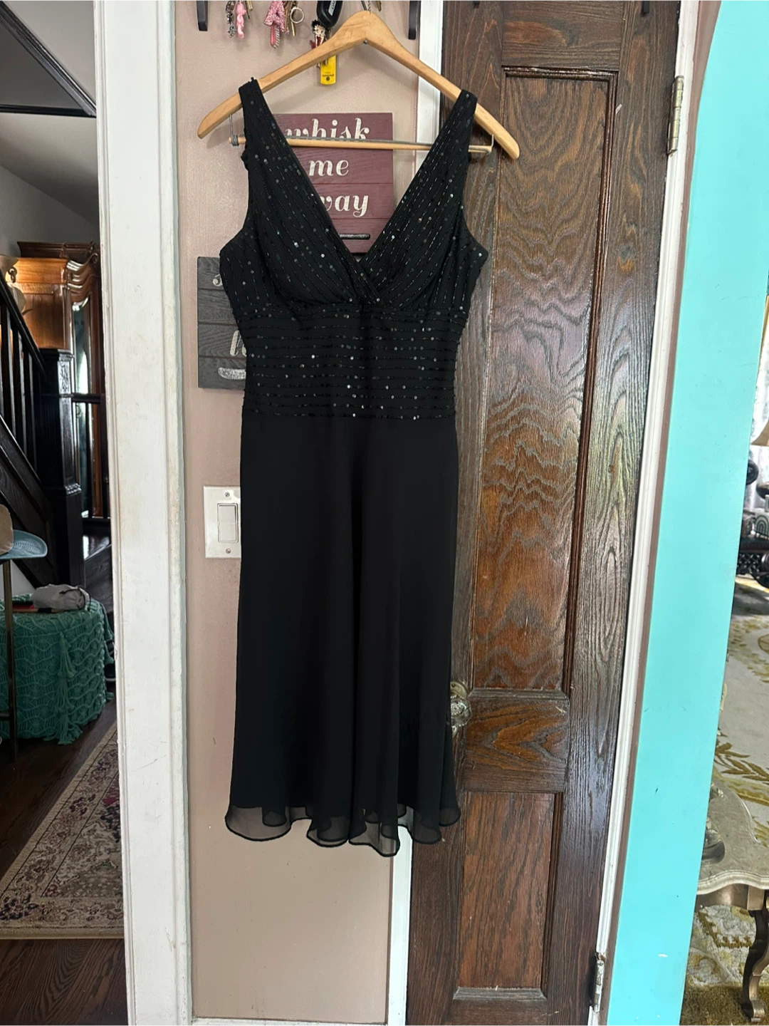 S.L. Fashions Black Beaded Evening Dress Size 14