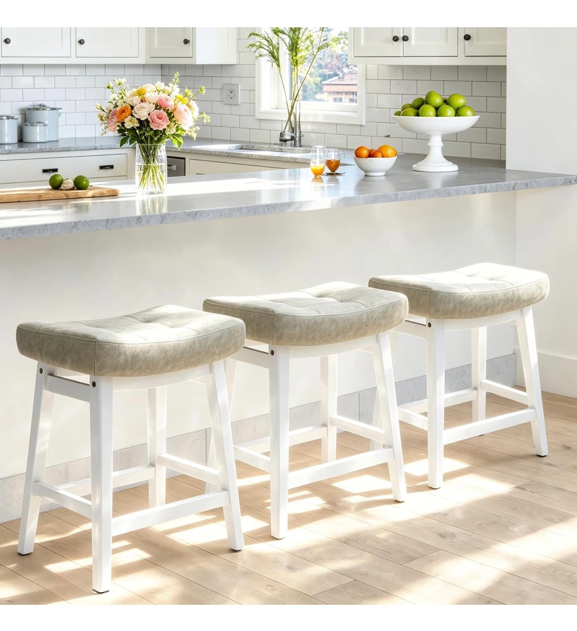 Padded Counter Stool with White Wood Base