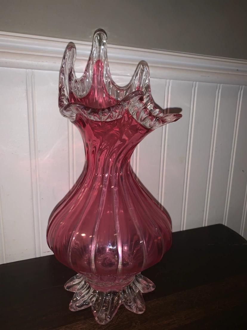 Vintage Pink and Clear Art Glass Vase