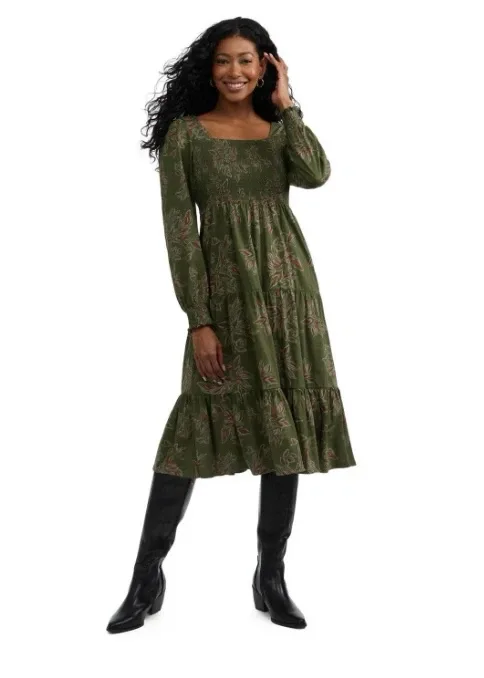 Mexx Floral Long Sleeve Dress Olive Green - Size Large