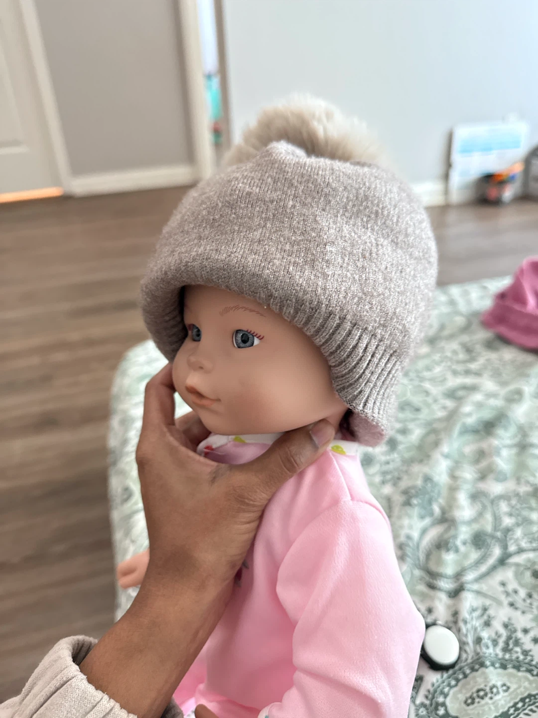 Beige Knit Toque with Faux Fur Pom