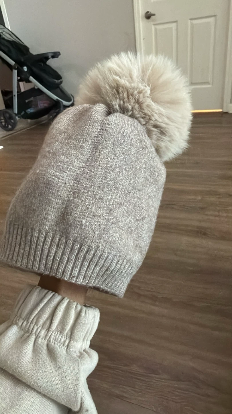 Beige Knit Toque with Faux Fur Pom - photo 2