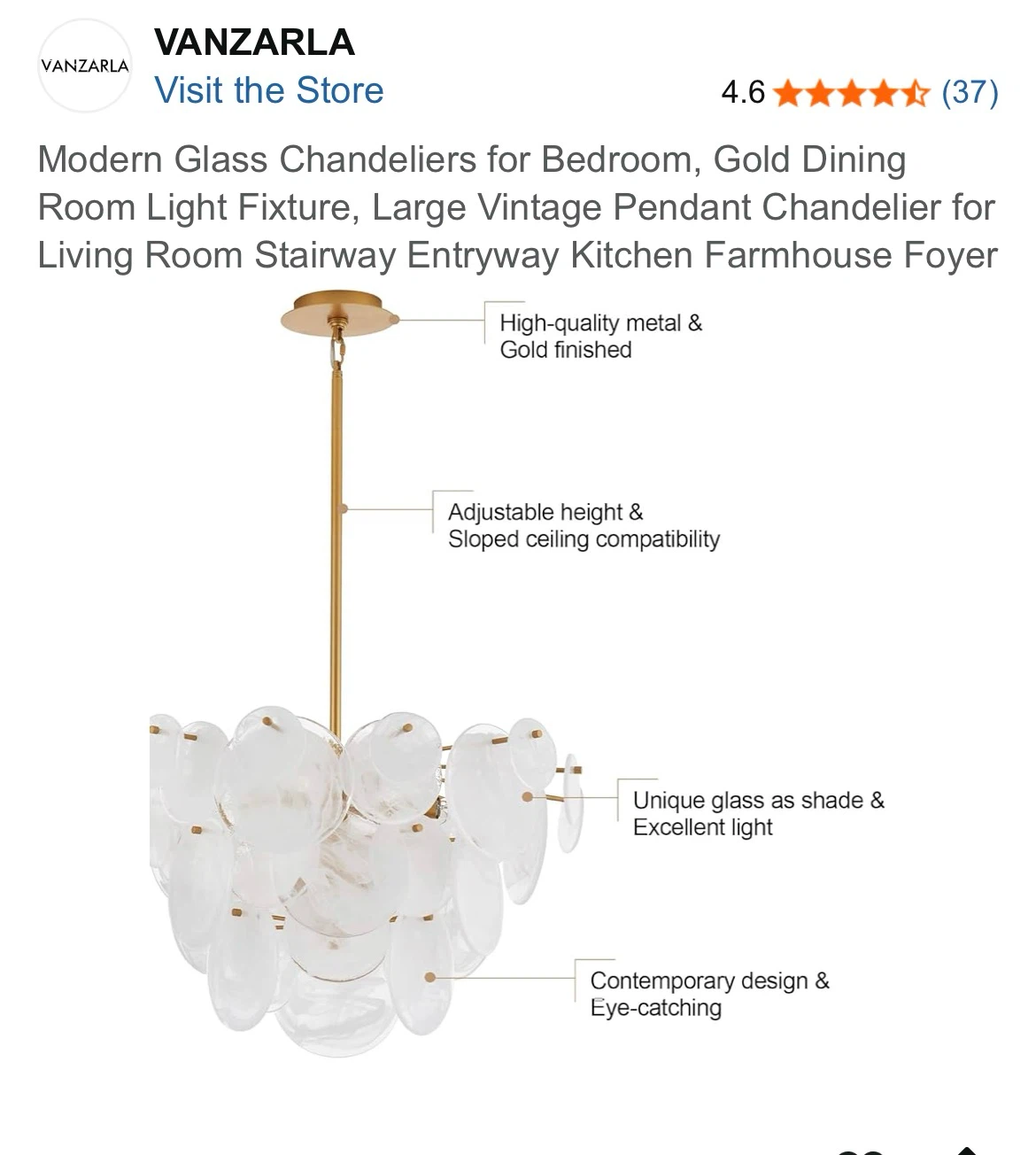Vanzarla Modern Glass and Gold Chandelier - photo 4