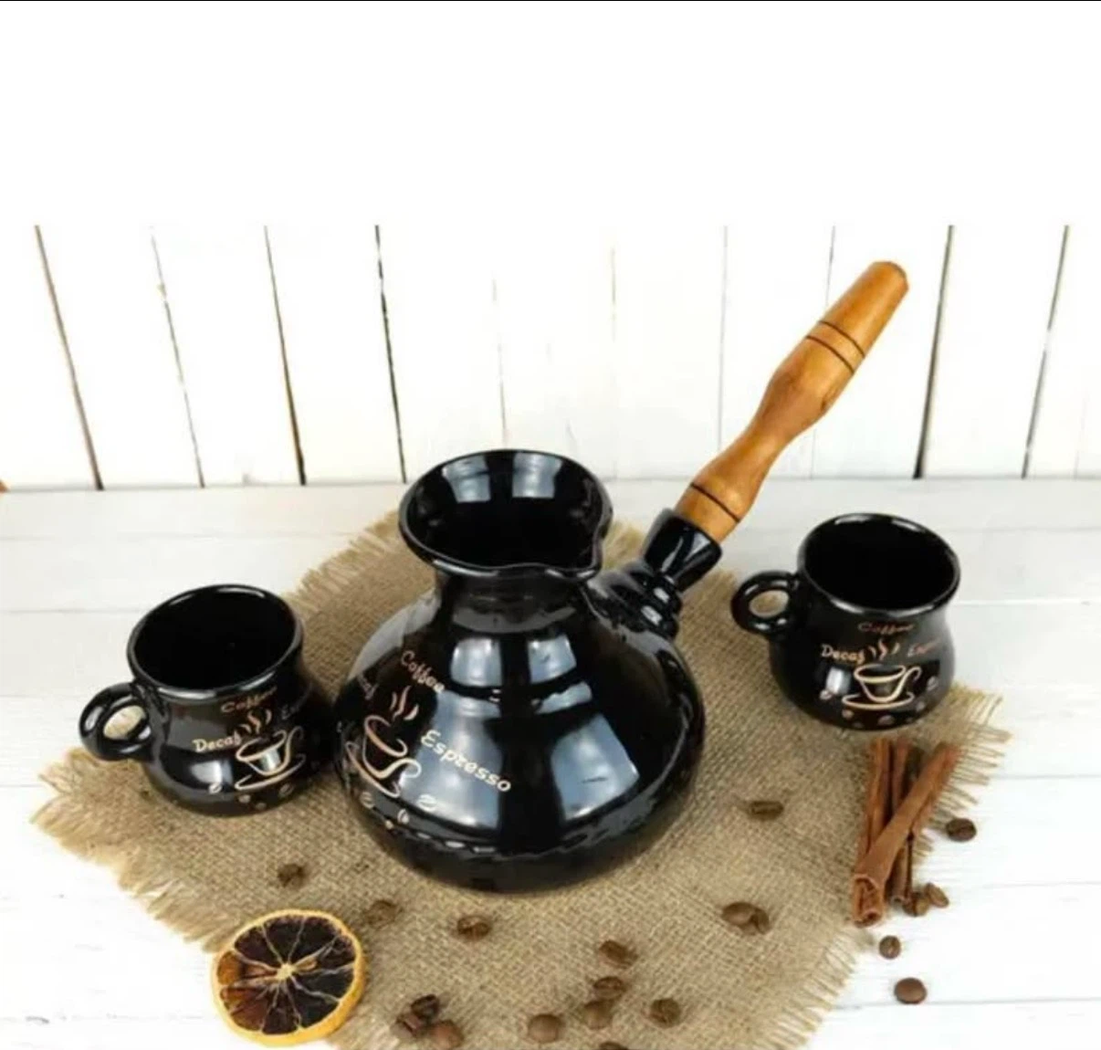 Beautiful Ceramic Turkish Coffee Set – Cezve with 2 Cups