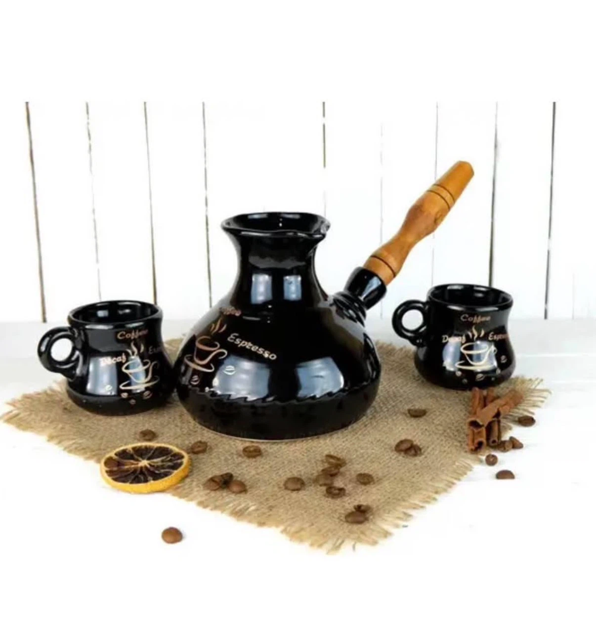 Beautiful Ceramic Turkish Coffee Set – Cezve with 2 Cups - photo 2