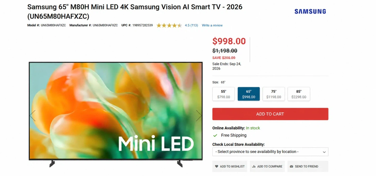Samsung 65" M80H LED 4K Smart TV