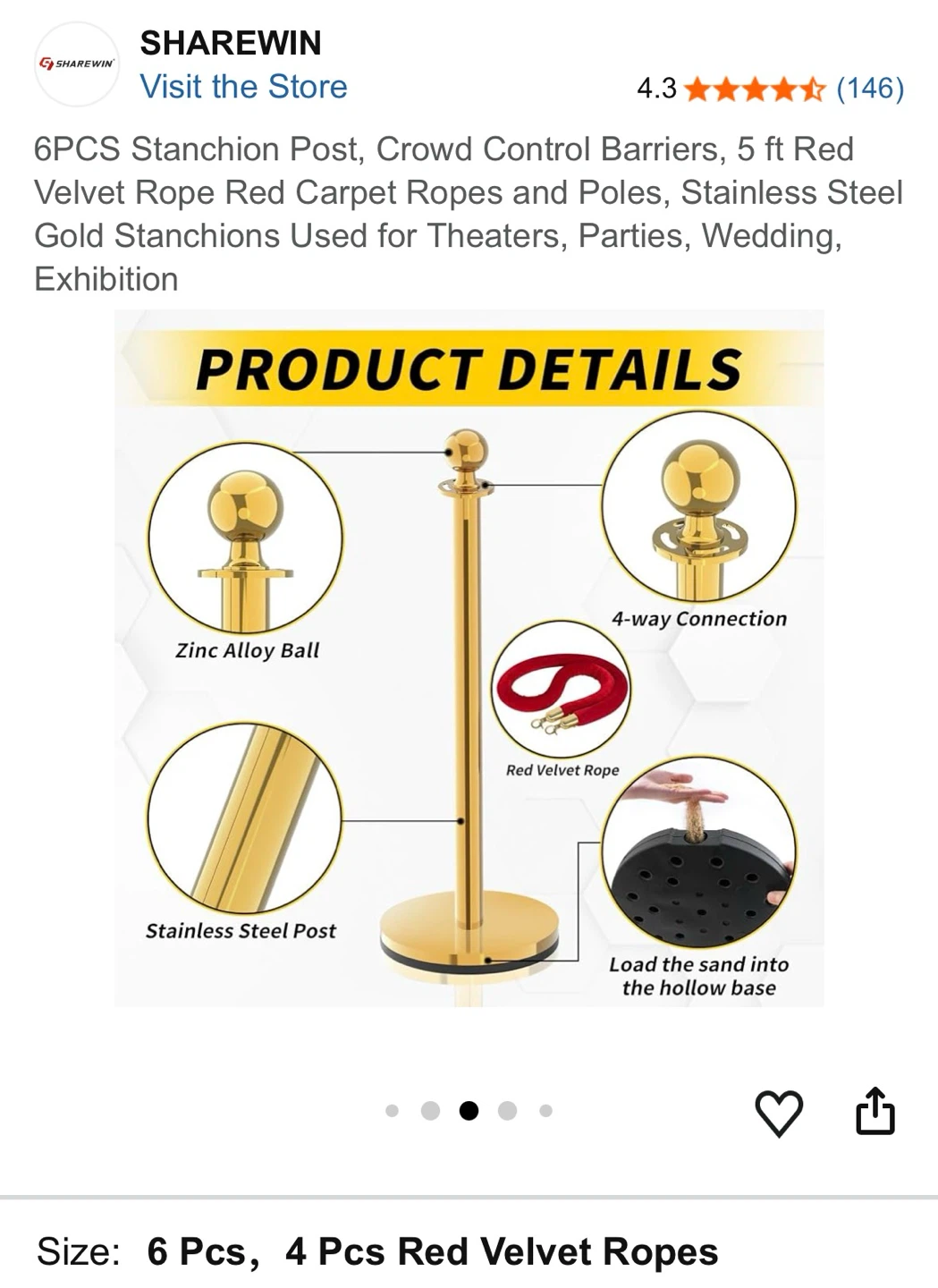 Sharewin 6-Piece Stanchion Post and Rope Set - photo 3