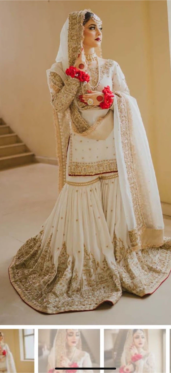 White and Gold Embroidered Wedding Gharara Suit