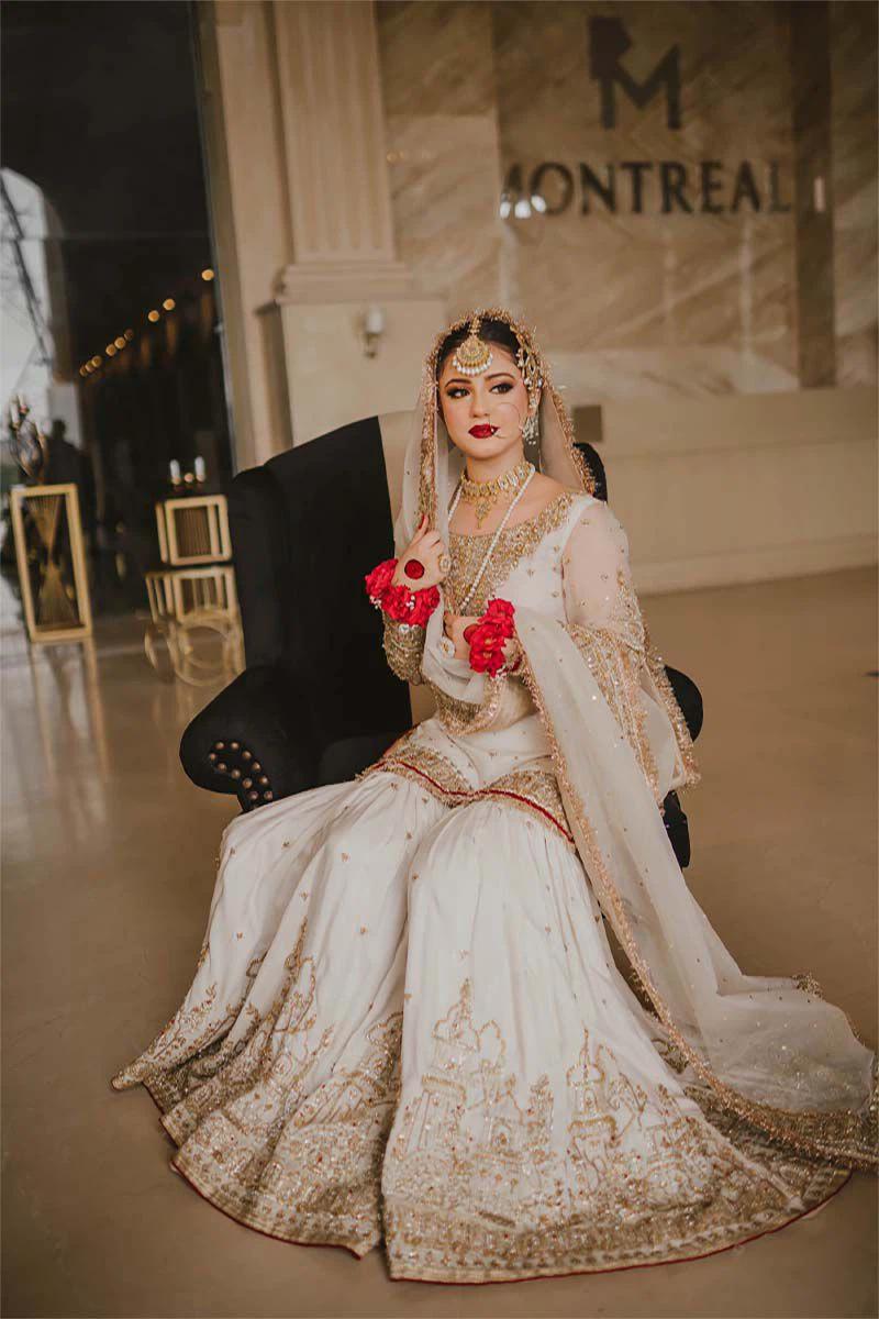 White and Gold Embroidered Wedding Gharara Suit - photo 2
