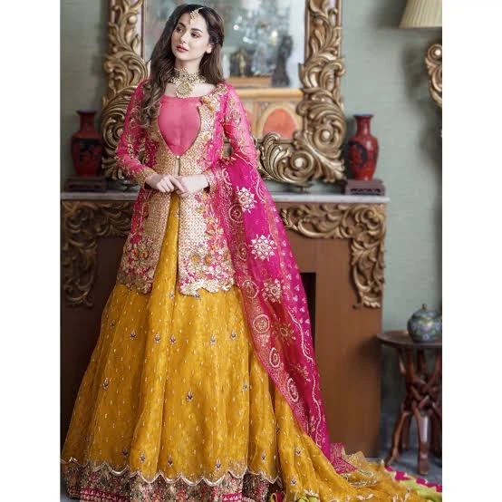 Embroidered Pink and Yellow Lehenga Choli