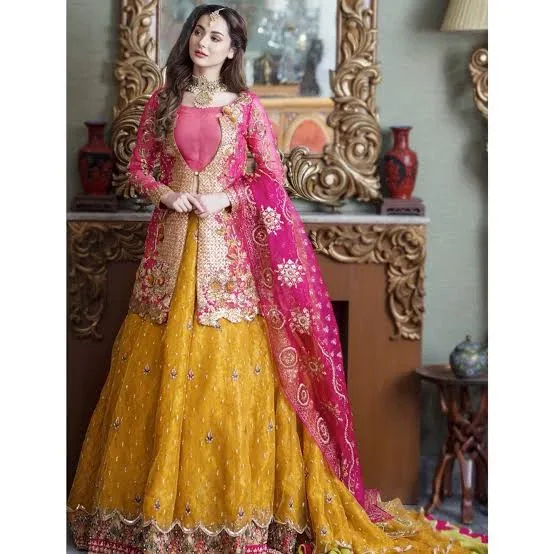 Embroidered Pink and Yellow Lehenga Choli