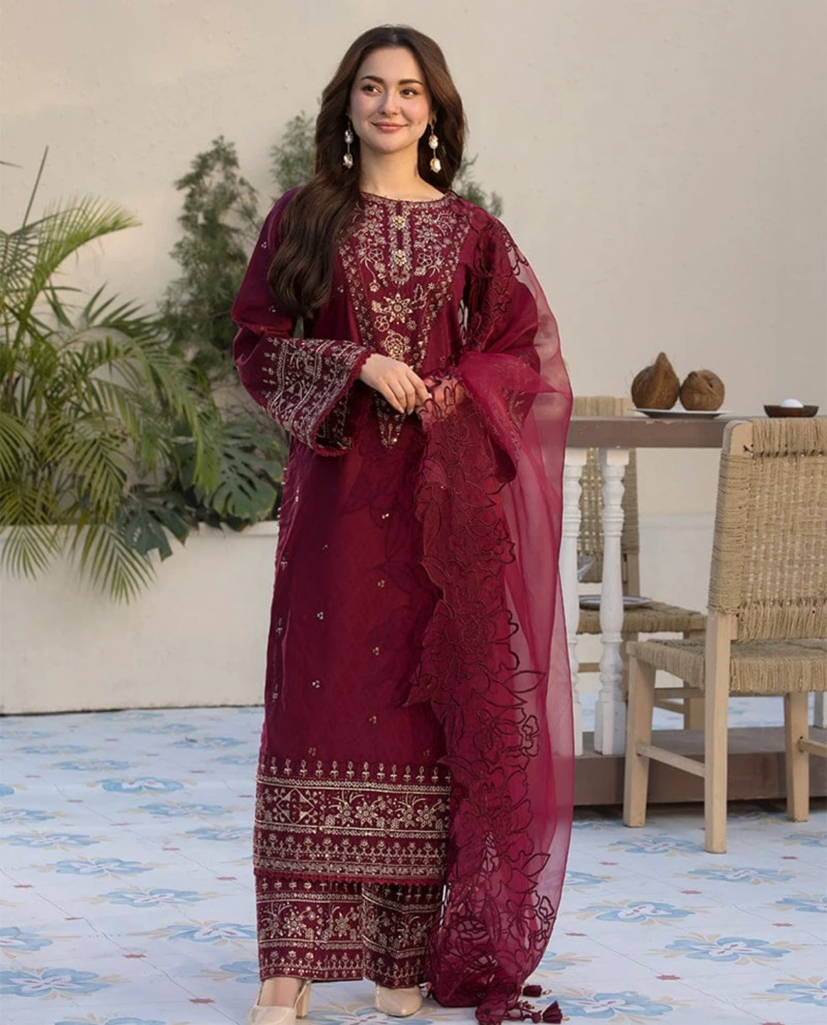 Maroon Embroidered Three-Piece Suit