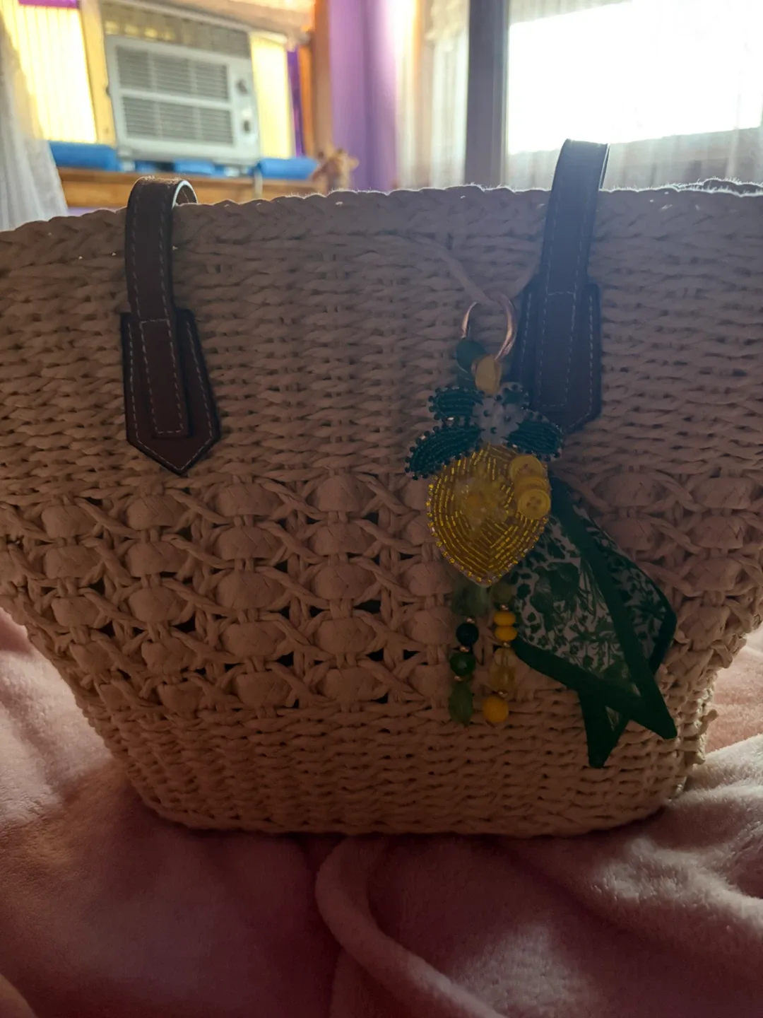 Straw Tote Bag with Lemon Charm