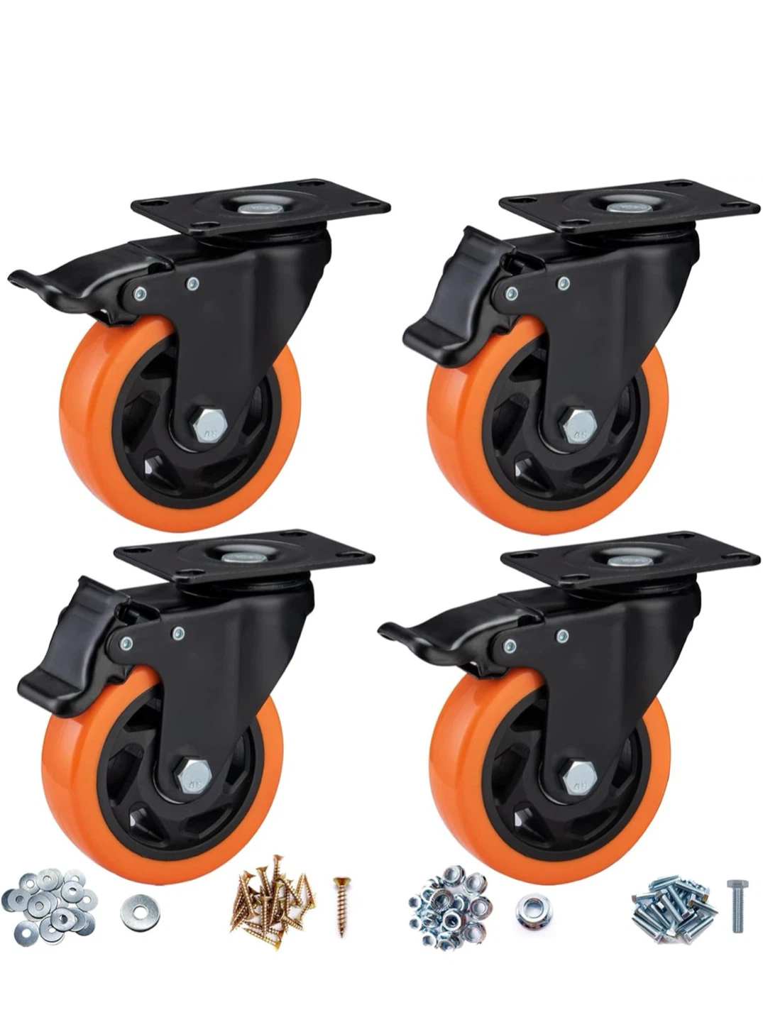 Set of 4 Polyurethane Swivel Casters with Brakes