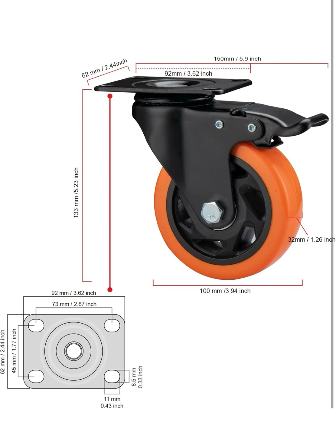 Set of 4 Polyurethane Swivel Casters with Brakes - photo 4