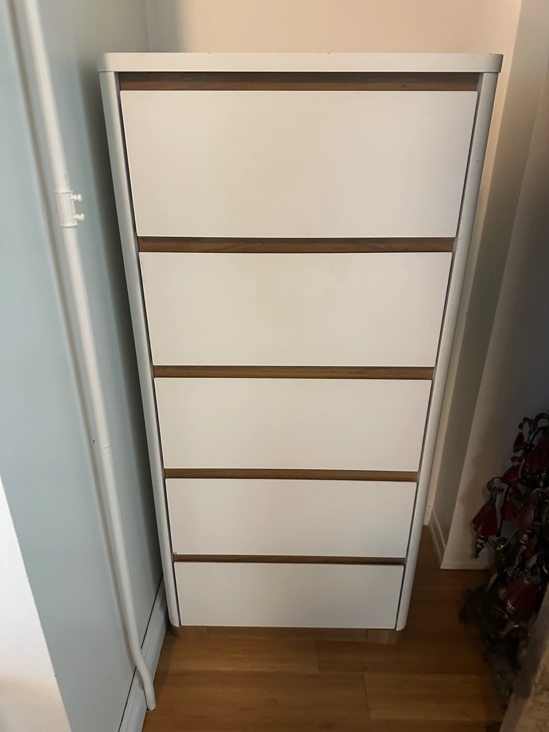 MODERN WHITE LAMINATE WALNUT WOOD TALL BOY DRESSER - photo 3
