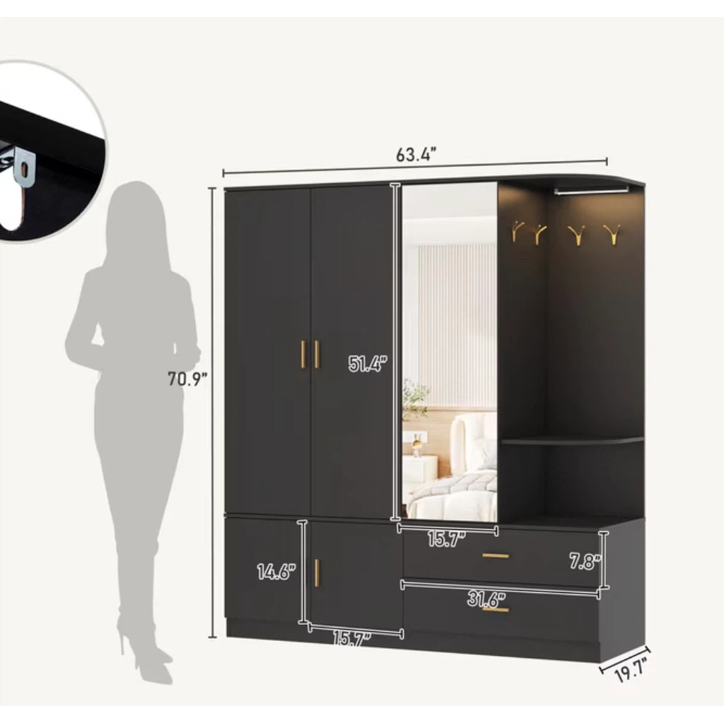 Black Wardrobe with Mirror and Storage - photo 2