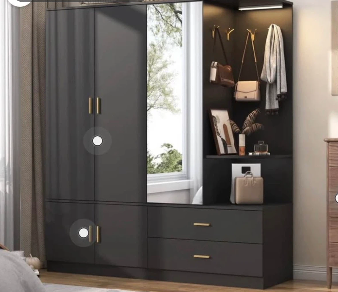 Black Wardrobe with Mirror and Storage - photo 3