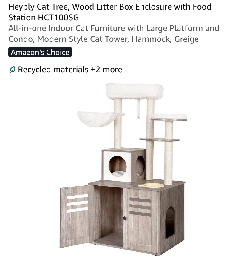 New Heybly Cat Tree, Wood Litter Box Enclosure Greige