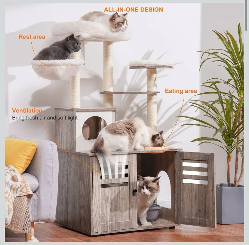 New Heybly Cat Tree, Wood Litter Box Enclosure Greige - photo 2
