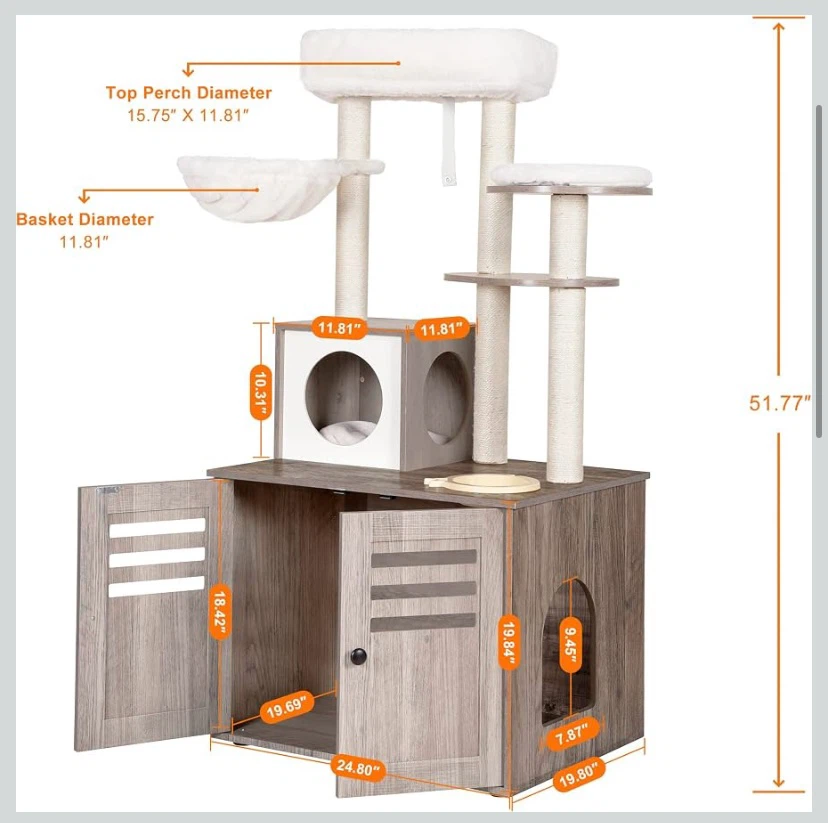 New Heybly Cat Tree, Wood Litter Box Enclosure Greige - photo 3
