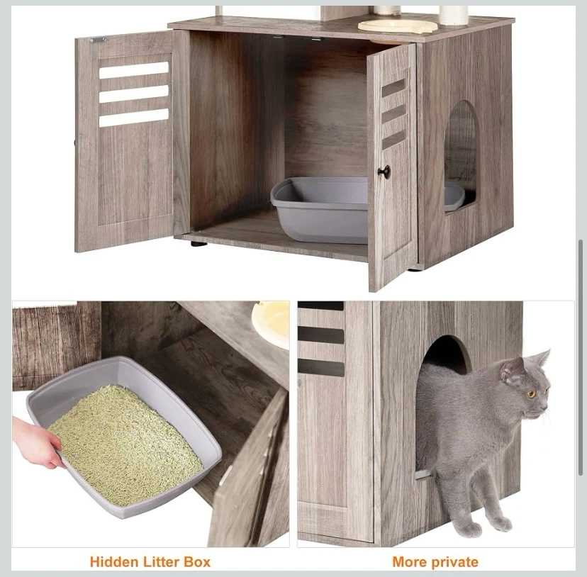 New Heybly Cat Tree, Wood Litter Box Enclosure Greige - photo 4
