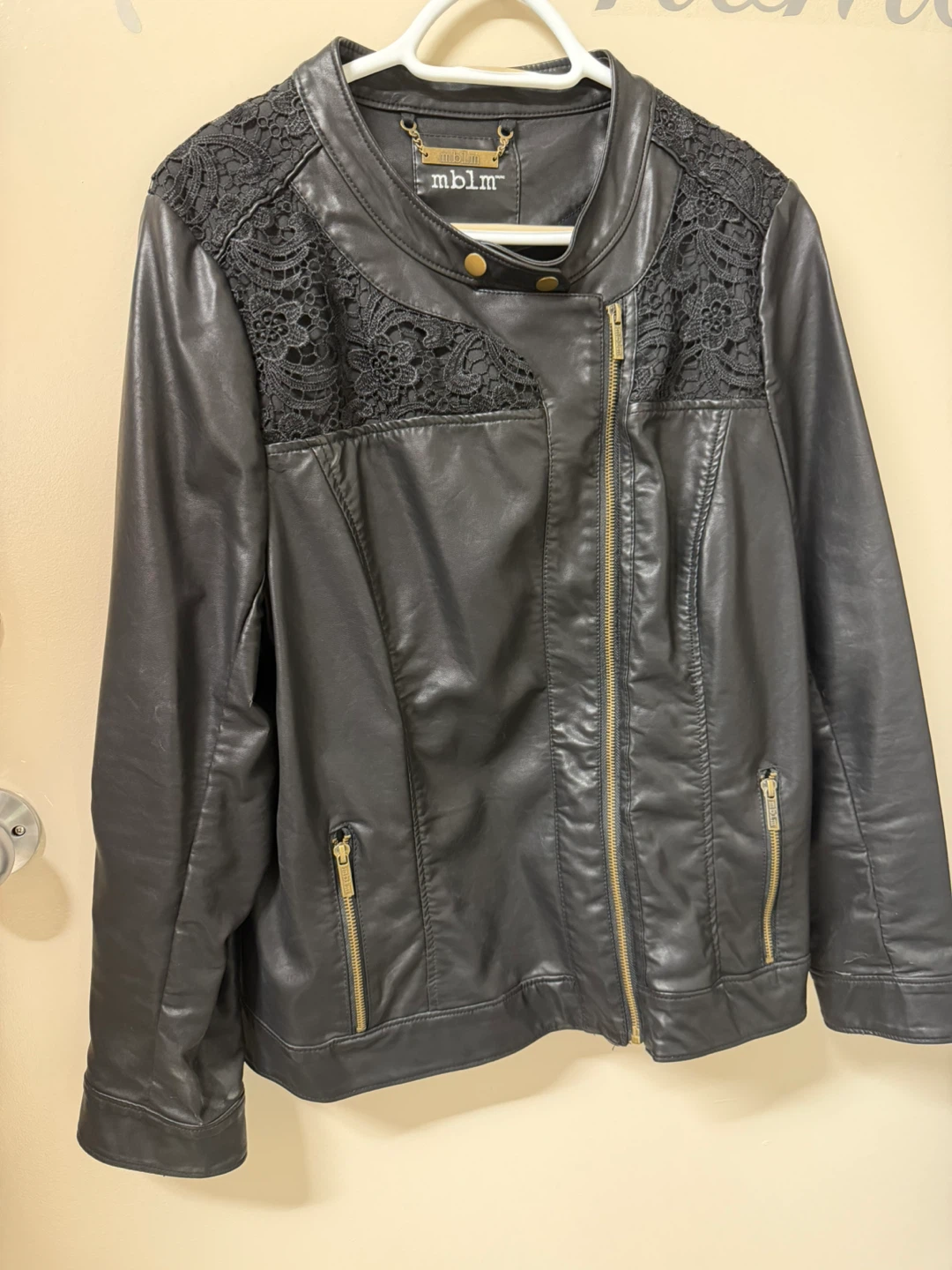 MBLM Black Faux Leather Jacket with Lace Detail