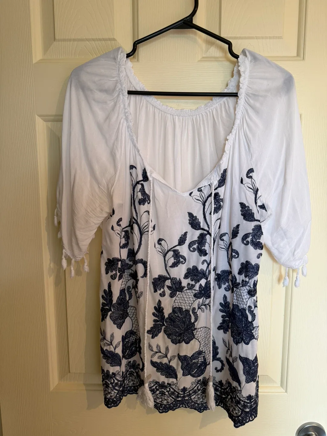White Tunic with Navy Blue Floral Embroidery