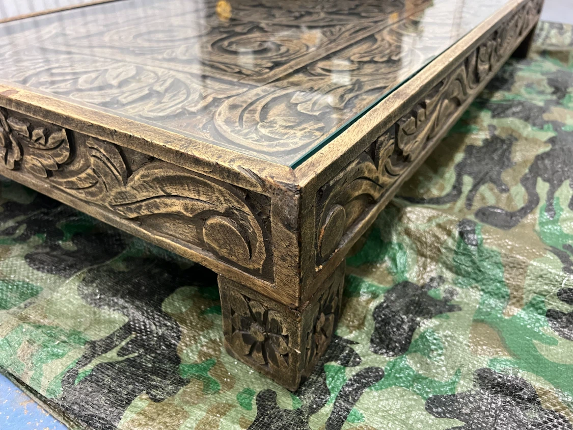 Carved Wood Coffee Table with Glass Top - photo 2