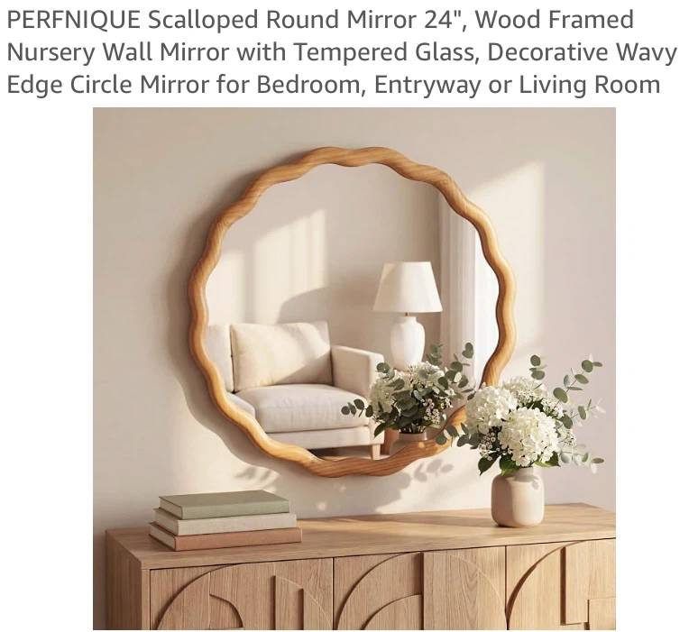 New PERFNIQUE Wood Framed Scalloped Round Mirror 24”
