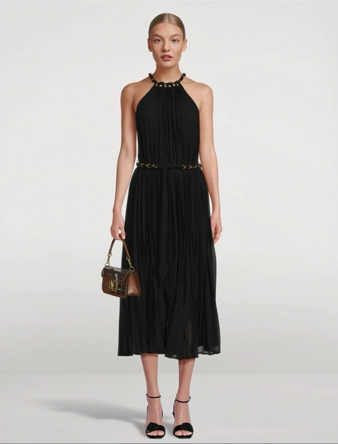 Black Midi Dress with Gold Chain Belt - Size L