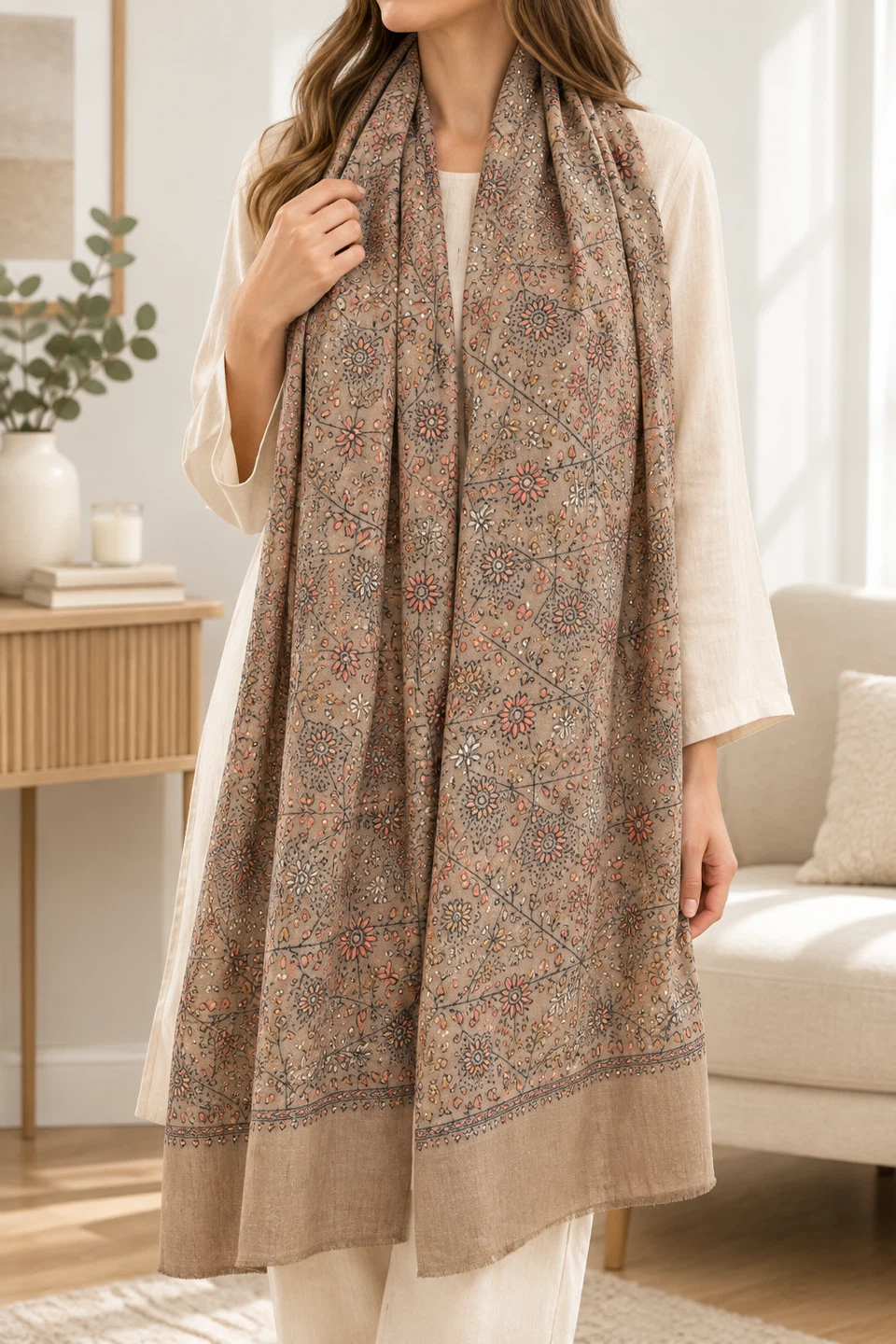 Kashmiri Floral Embroidered (Beige/Taupe) Shawl/Long Scarf