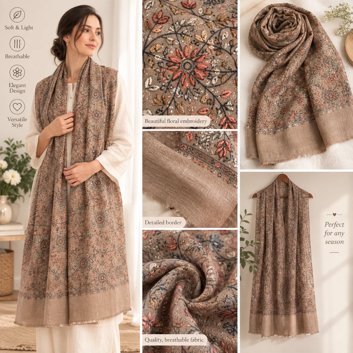 Kashmiri Floral Embroidered (Beige/Taupe) Shawl/Long Scarf - photo 2