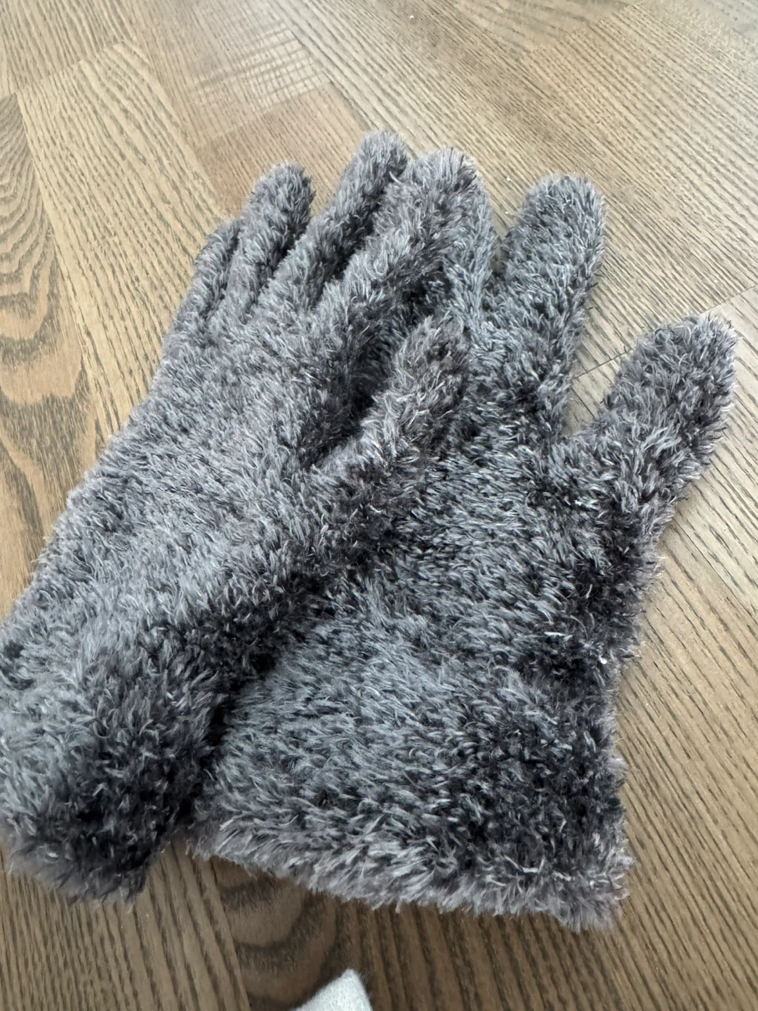 grey fuzzy gloves